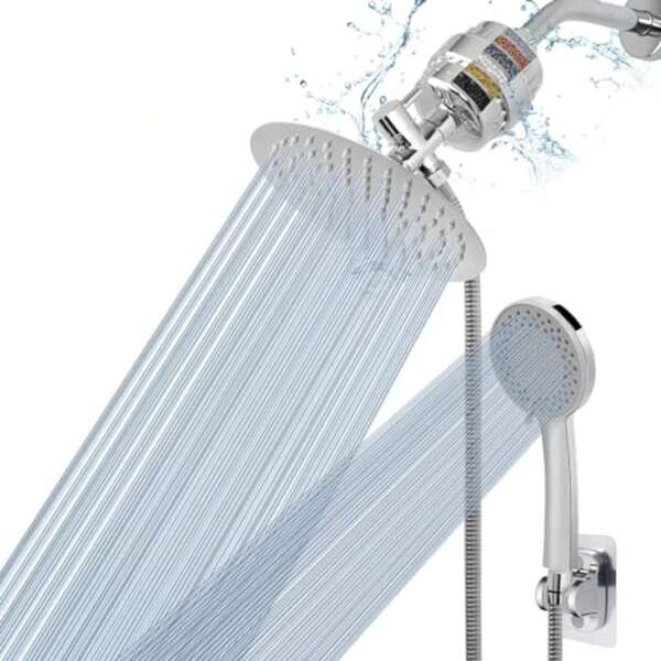 NearMoon - Cabezal de ducha filtrado, ducha de lluvia redonda de alta presión de 8 pulgadas y filtro de ducha de mano de 5 ajustes con soporte autoadhesivo/manguera de 1, 5 m, 1 cartucho de filtro