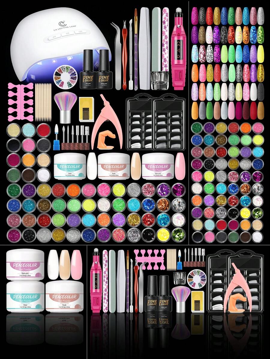 PEACECOLOR Complete Nail Art Set, Transparent Pink Acrylic Powder With UV LED Nail Lamp, Nail Drill, Acrylic Nail Powder Nail Art Tool Kit, Suitable For Beginners