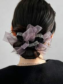 1pc Organza Bow Rhinestone Decorated Hair Tie, Elegant Bun Ponytail Hair Scrunchie, Women's Fashion Hair Accessory - Multicolor - View 2