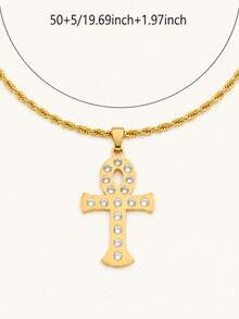 2pcs/Set Women's Vintage Premium Gold-Plated Layered Necklace, Sparkling Single Diamond & Rhinestone Ankh Life Symbol Cross Pendant, Egyptian Style Amulet Collarbone Chain, Versatile For Daily Wear - Gold - View 5