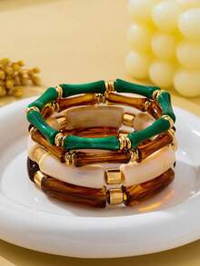 1pc American Vintage Color-Block Bamboo Knot Layered Bracelet, Transparent Gradient Acrylic Bamboo Segment Round Bead Bracelet, Suitable For Beach Vacation, Retro Outfit, Eye-Catching Denim Casual Travel, Atmospheric Accessory - Multi-color 4 - View 2