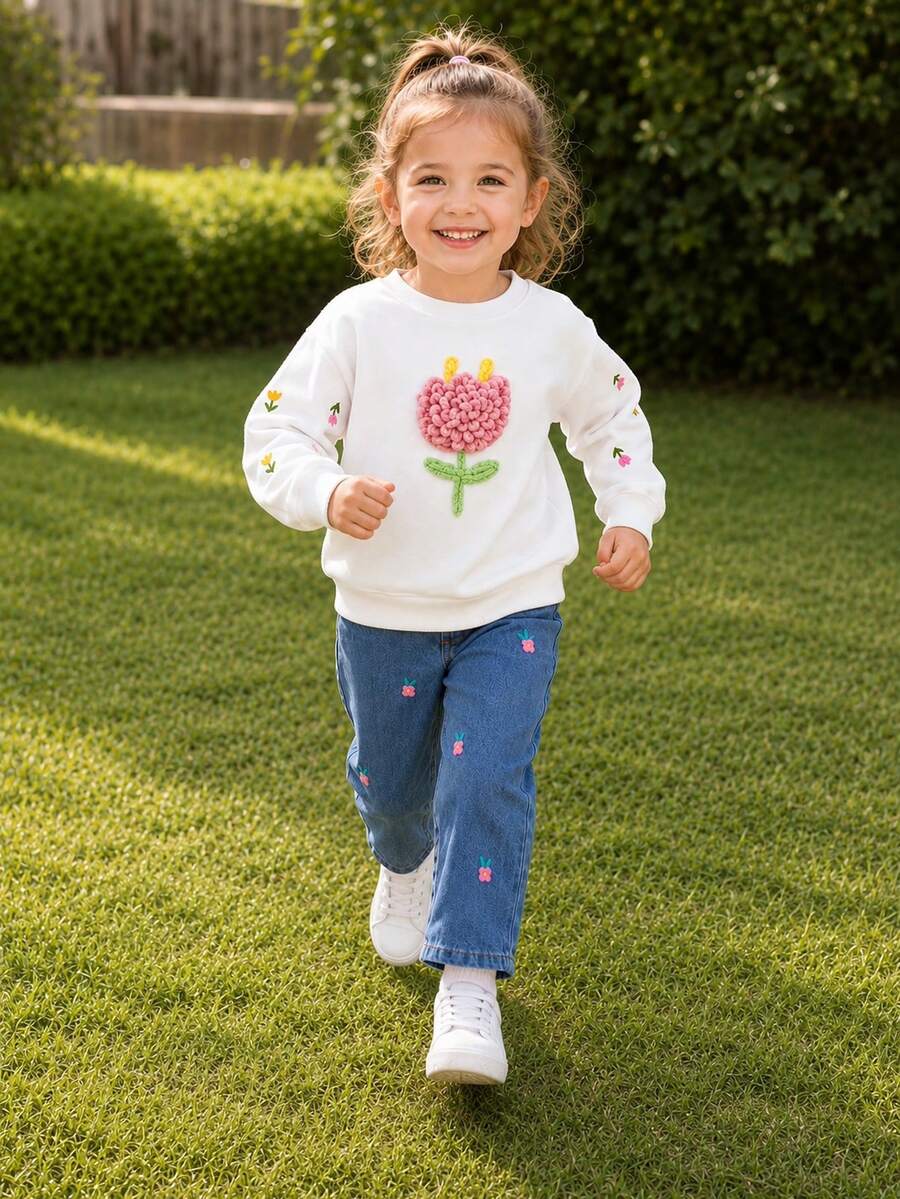 2 piezas/set Sudadera floral y conjunto de mezclilla para niñas jóvenes, otoño e invierno - Blanco - Ver 1