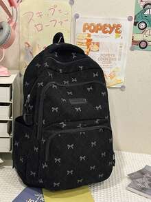 Juego de 3 piezas de mochila, mochila grande + bolso bandolera + monedero, patrón de lazo, tela suave, correa de hombro ajustable, gran capacidad, adecuado para el uso diario en el campus - Negro - Ver 8