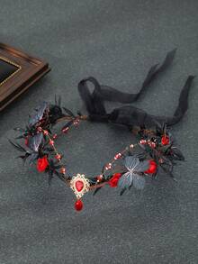 Mahkota Bunga Mawar Merah Daun Hitam Gaya Gotik, Hiasan Kepala Dahi Bentuk Tetesan Air Mata Berlian Imitasi, Aksesori Rambut Pesta Pernikahan Renaisans untuk Wanita (Cosplay Halloween) - MultiWarna - View 8