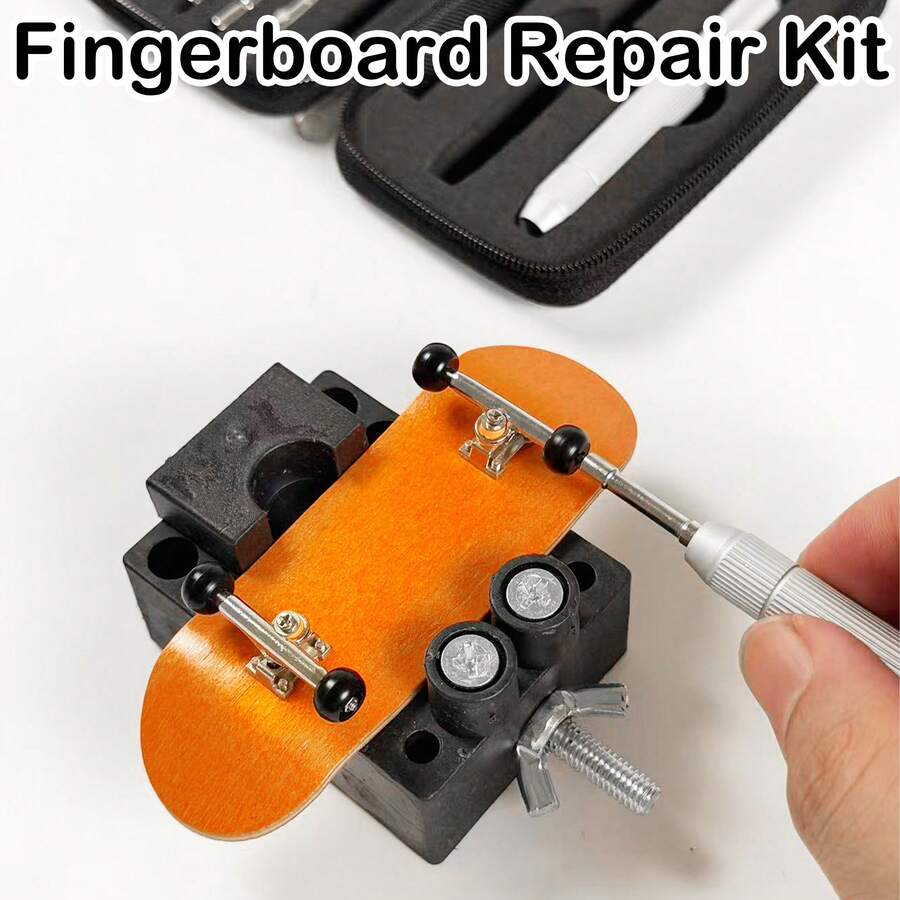 1 Set Repair Kit (2 Screw Handles + 10 Bits) + 1 Repair Base - Multi-Function Finger Skateboard Repair Kit, Adjustable Fixing Clamp Base For Fingertip Skateboard Maintenance + Portable Mini Screwdriver Set, Fingertip Skateboard Assembly & Maintenance Accessory Tool Kit - Black - View 1