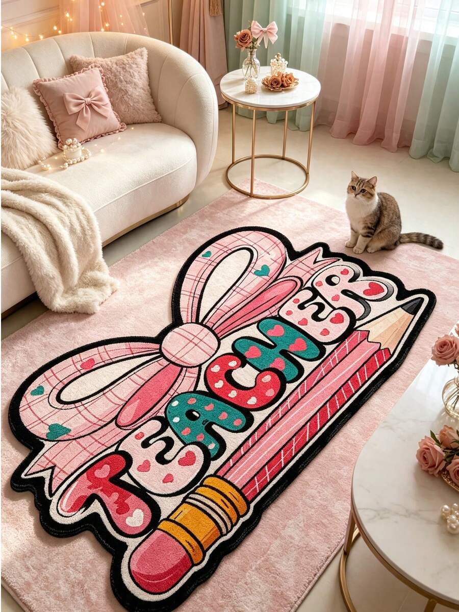 1pc Letter Pencil Bow Decor Rug, Bedroom Decor, Small Rug, Carpet, Home Decor, Living Room Rug, Living Room Small Rug, Bedroom Rug, Living Room Home Decor, Outdoor Rug, Washable Rug, Graduation Gift - Multicolor - View 1