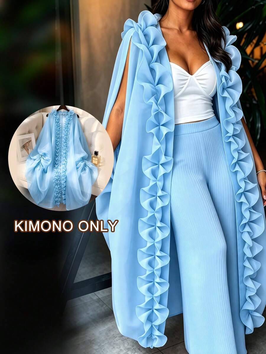 AOMEI 女款優雅淺藍色寬鬆透視和服風洋裝，附荷葉邊、前開襟與抽繩設計，婚禮賓客派對洋裝