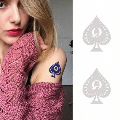 Tattoo Stickers, 2 Sheets/Set, Creative Minimalist Black Spade Queen Body Art Temporary Tattoo Stickers, Matte Long-Lasting Non-Permanent Stickers, Color Develops After 24 Hours, Lasts 7-14 Days, Poker Black Spade Queen Symbol Hot Girl Personalized Decorative Stickers, Ideal Choice For Fashionistas.