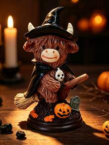 Halloween Highland Cow Wizard Desktop Ornament, Resin Statue With Pumpkin Base, Cute Witch Yak Figurine, Halloween Party Tabletop Decor, Holiday Home Decoration Gift - Magic Cow - View 1