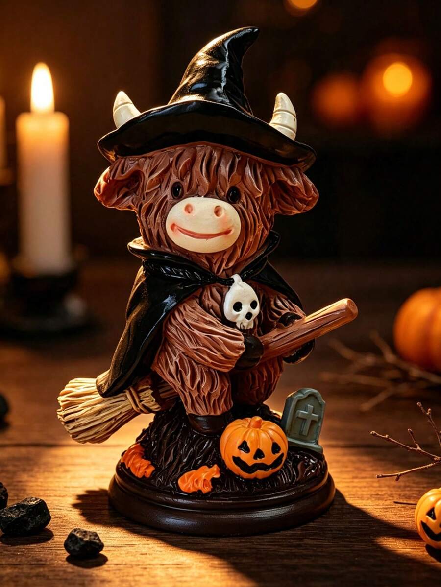 Halloween Highland Cow Wizard Desktop Ornament, Resin Statue With Pumpkin Base, Cute Witch Yak Figurine, Halloween Party Tabletop Decor, Holiday Home Decoration Gift - Magic Cow - View 1