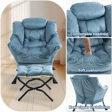 Lazy Chair, Comfy Chairs With Foldable Footstool And A Side Pocket, Simple Style Small Chairs For Bedroom Living Room Balcony - 藍色 - 查看 3