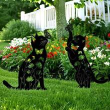 1 Pair New Cross-Border Iron Art Garden Decor Ground Stake Animal Cat Lawn Insert Hollow Yard Ornament Craft - A - View 1