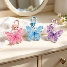 6 Pcs/Pack Cute Colorful Butterfly Acrylic Keychains, Cartoon Backpack Pendant Key Rings, Aesthetic Decorative Key Holders For Students Party Favor Gift Supplies - Butterfly - View 4
