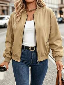 Plus Size Women's Autumn/Winter New Lightweight Khaki Baseball Collar Flight Jacket, Plus Size Drop Shoulder Bomber Jacket, Minimalist Style For Shopping And Commuting, OOTD Essential - Khaki - View 1