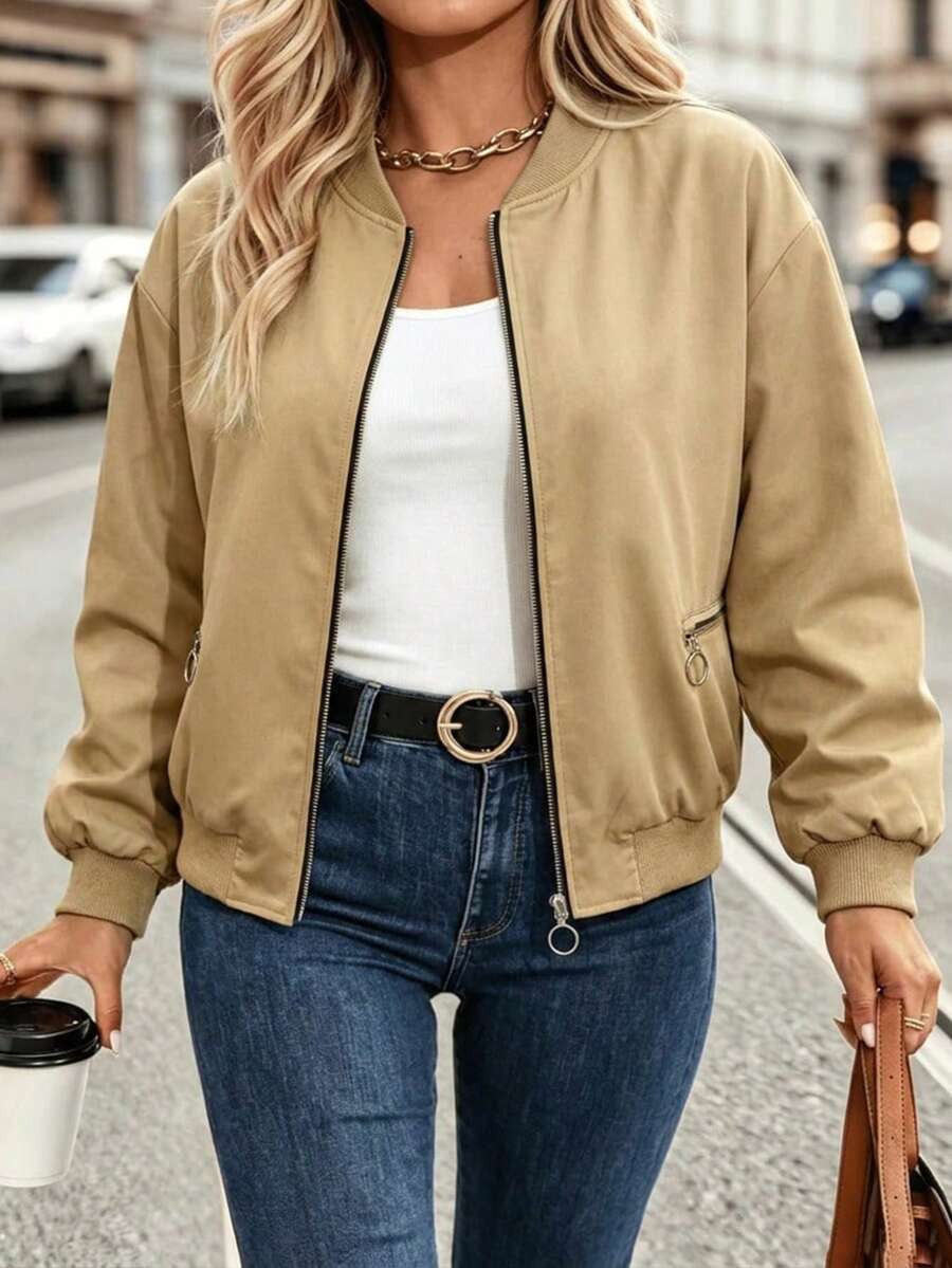Plus Size Women's Autumn/Winter New Lightweight Khaki Baseball Collar Flight Jacket, Plus Size Drop Shoulder Bomber Jacket, Minimalist Style For Shopping And Commuting, OOTD Essential - Khaki - View 1