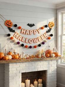 1 Set Happy Halloween Felt Banner Pumpkin Bat Pom Pom Garland Wall Hanging Decoration - View 9
