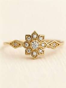 1pc Vintage Flower-Shaped Zirconia Inlaid Ring, Delicate Geometric Inlaid Women's Daily Finger Jewelry, No Packaging Box - Gold - View 2