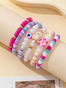 6pcs/Set Multi-Color Sweet Cute Soft Clay Resin Faux Pearl CCB Beads Shell Starfish Turtle Ocean Elements Evil Eye Flower Pentagram Bracelet Set, Suitable For Women Daily Wear And Gift - Multicolor - View 7
