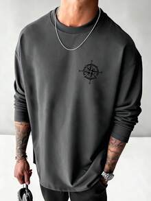 Kaos Lengan Panjang Leher Bulat Motif Kompas & Sayap Serbaguna untuk Pria, Cocok untuk Musim Semi/Gugur - Dark Grey - View 3