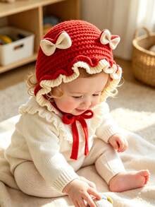 0-2 Years Old Baby Cute Knitted Hat, Bow Rabbit Ears Ruffle Edge Sun Hat, Warm Soft Crochet Tie Hat, Sweet Princess Style Infant Headwear - Multicolor - View 10