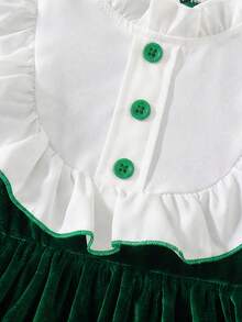 Baby Girl White Ruffle Patchwork Velvet Long Sleeve Dress With Matching Velvet Beret 2pcs Set, Vintage Mori Style Gentle Outfit For Spring, Christmas, Holiday, 1st Birthday Photo Shoot, Outing, Gift - Green - View 4