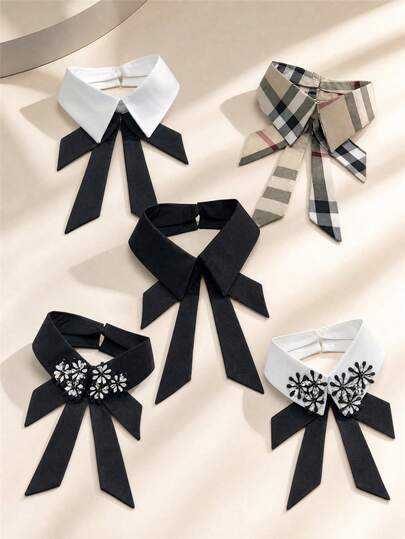 1pc Multi Styles Detachable Shirt Collar With Bow Tie, Solid & Plaid Fabric Fake Collar, Rhinestone Floral Decor Collar Accessory