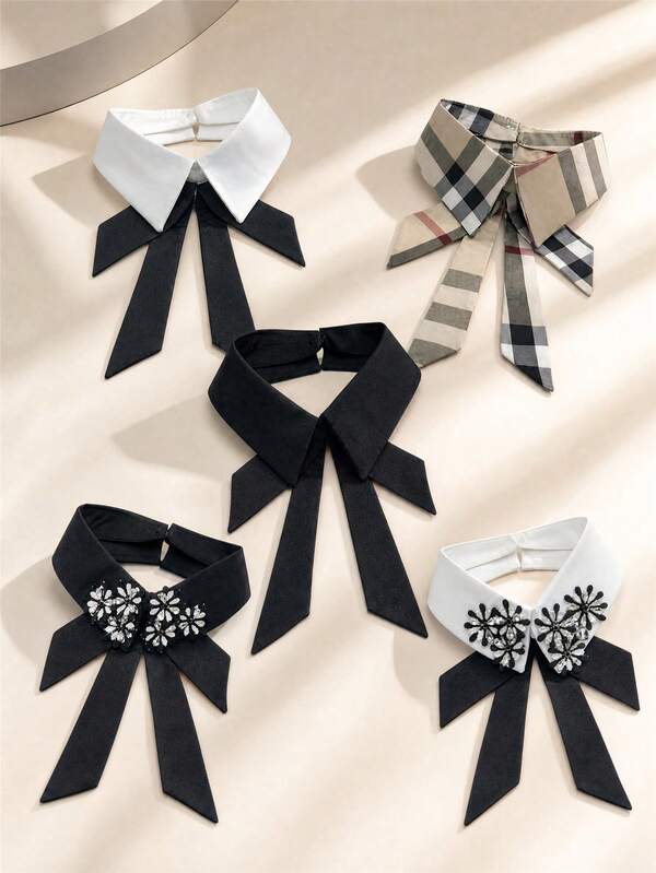1pc Multi Styles Detachable Shirt Collar With Bow Tie, Solid & Plaid Fabric Fake Collar, Rhinestone Floral Decor Collar Accessory