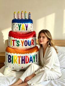 1個大號彩色啞光立式3層生日蛋糕造型鋁箔氣球，Happy Birthday派對裝飾氣球，彩色粉色生日蛋糕派對氣球 - 彩色 - 查看 4