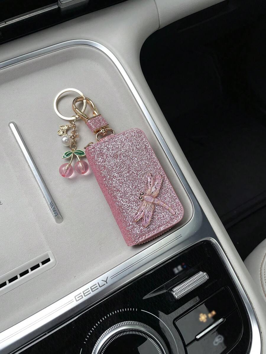 1 buah Dompet Kunci Mobil Transparan Berlapis Emas Motif Capung, Tas Penyimpanan Kunci Mobil Universal Berkilau Kreatif, Tas Kecil Pengorganisasi Kunci Mobil dengan Liontin Mutiara Ceri - A - View 1