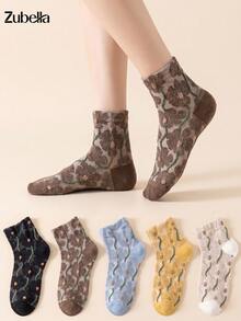 5 Pasang Kaos Kaki Pendek Wanita Motif Hati Berkerut Gaya Retro, Bernapas & Nyaman, Cocok untuk Semua Musim - MultiWarna - View 1