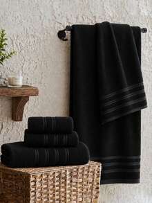 1pc/3pcs Modern Minimalist Striped Cotton Towel Set | Ultra Soft, High Absorbency, Quick Dry Sauna Towel, No Shedding Hair Washing, Head Drying, Hand Wiping, Bathroom Essential - Black - View 1