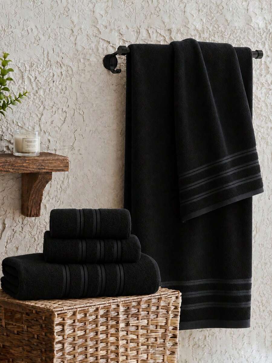 1pc/3pcs Modern Minimalist Striped Cotton Towel Set | Ultra Soft, High Absorbency, Quick Dry Sauna Towel, No Shedding Hair Washing, Head Drying, Hand Wiping, Bathroom Essential - Black - View 1