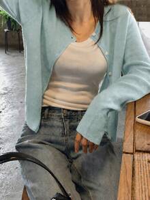 1pc Solid Color Knit Fabric Front Button Cardigan, Thin Style, Suitable For Spring, Summer, Autumn, Winter, All Seasons - Mint Blue - View 2