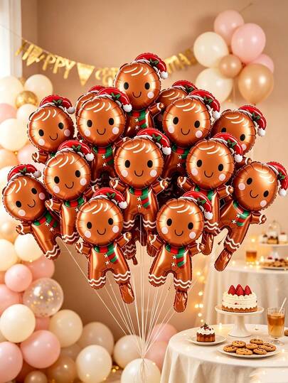 10pcs Mini Gingerbread Man Cookie Shaped Aluminum Foil Balloons Christmas Party Decoration Indoor Outdoor Decor Balloons (Ribbon Not Included)