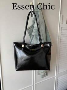 1pc Black Solid Color PU Large Capacity Tote Bag Women's Shoulder Bag - Black - View 8