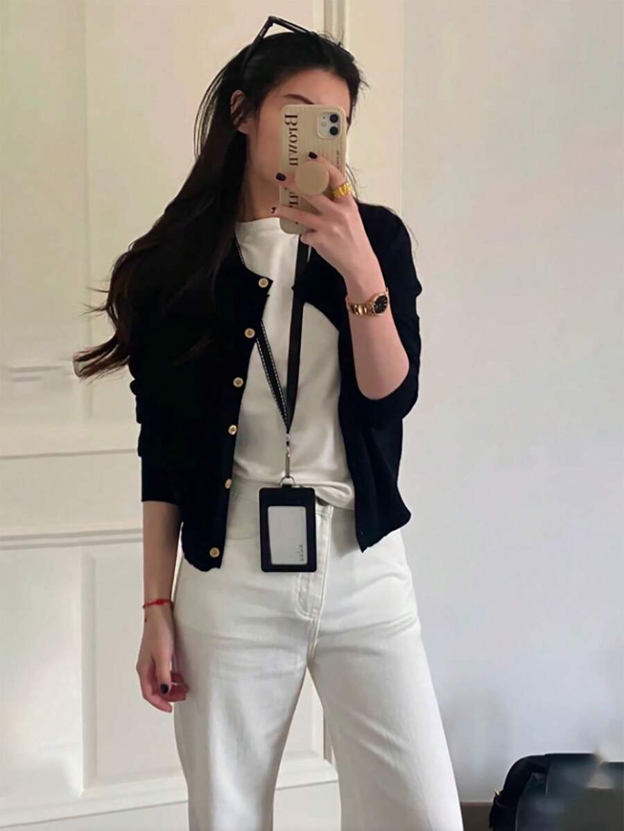 New Early Autumn Black Button Thin Knit Cardigan, Fashion Minimalist Versatile Women's Jacket, Suitable For Office Or Home Wear In Autumn - Black - View 1