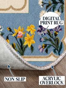 Chilai Home Flower Printed Area Rug,  Kitchen Runner Rug, Washable Floor Mat For Home Decor, Livingroom Rug, Non-Slip Kitchen Runner Rug, Made In Turkiye - Dusty Blue - View 4