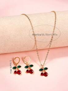 3pcs/Set Cute Cherry Rhinestone Jewelry Set Fashion Necklace Earrings Girls Daily Accessories Party Small Gift - one-size - View 3