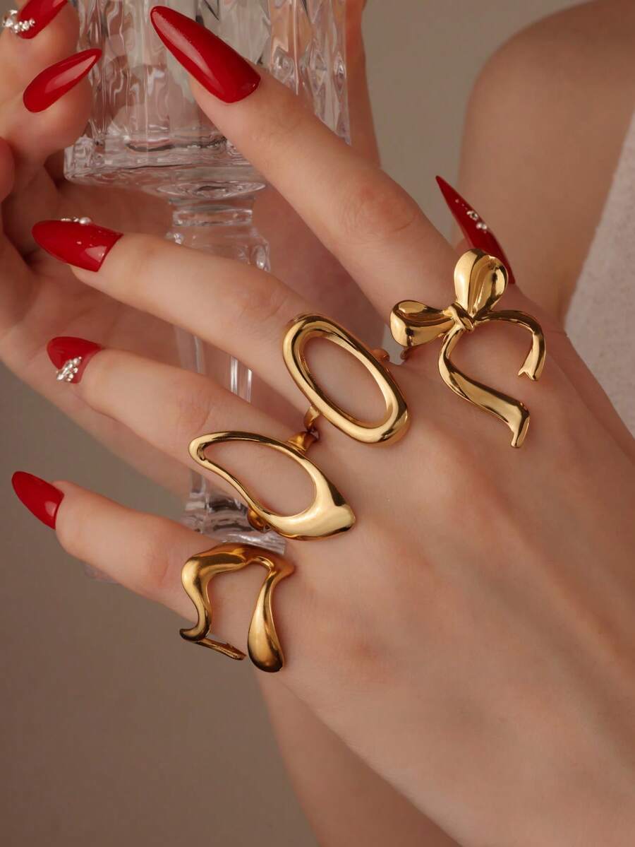 GEREIT 4pcs 18K Gold Plated Stainless Steel Linear Circle Bow Open Ring - Gold - View 1
