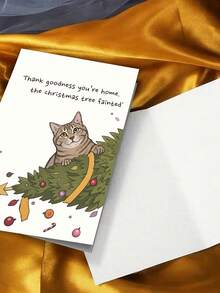 1pc Funny Tabby Cat Christmas Card "Thank Goodness You're Home The Christmas Tree Fainted", Messy Fallen Tree Bauble Cartoon Print, Pet Owner Humor Holiday Note - Multicolor - View 7