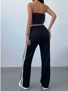Women's Fall‑Winter Mid‑Rise Straight‑Leg Pants,Double‑Stripe Sides,Drawstring Elastic Waist.For Sports,Campus,Halloween,Christmas,Simple‑Luxury Look - Black - View 3