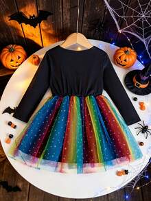 1pc Girls Toddler Casual Skull, Star & Moon Pattern Soft Comfortable Knit Mesh Dress, Suitable For Outdoor Wear, Autumn/Winter - Black - View 4