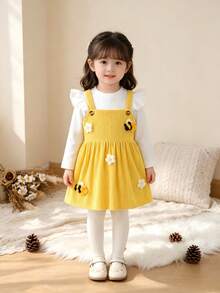 Early Autumn Girls 2 Pieces Set Ribbed Flutter Sleeve Long Sleeve Undershirt + Corduroy Overall Dress With 3D Flower & Bee Design Baby Outfit - Yellow - View 9