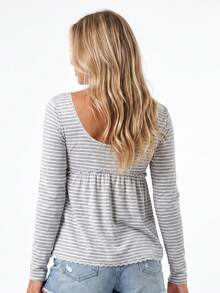 Women's Striped Babydoll Tops Long Sleeve Scoop Neck Fall Shirts - Grey - View 5
