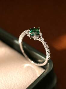 SYMFNY 1pc Elegant 925 Sterling Silver Gold Plated Teardrop Emerald CZ Ring With Side Zirconia Accents, Stackable Ring, Daily Party Holiday Jewelry Gift For Her - Silver - View 2