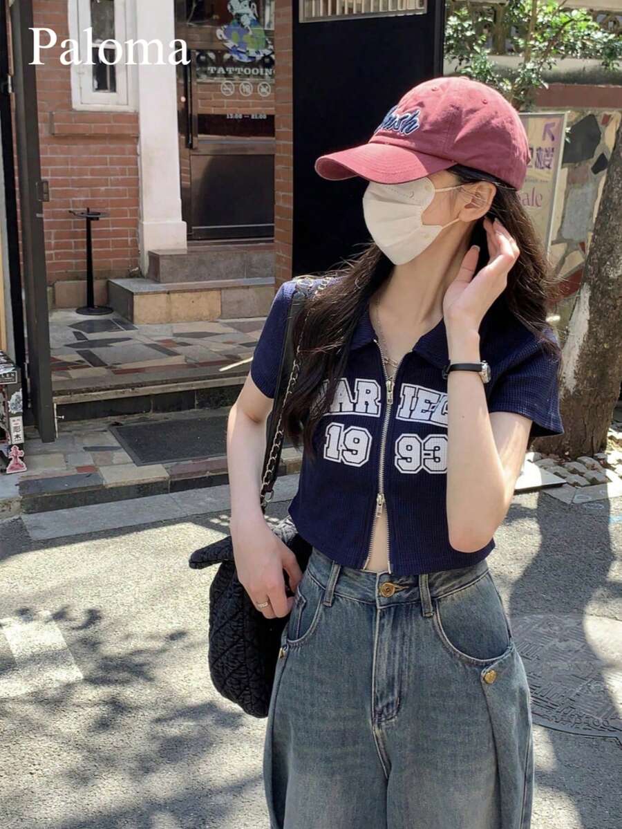 复古字母印花 Polo 领双拉链短款 T 恤，春夏休闲款 - 藏蓝色 - 查看 1