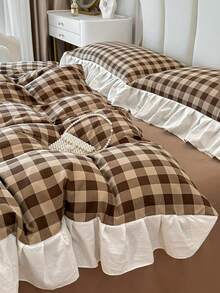 Brown Plaid Print Ruffle Edge Duvet Cover 4-Piece Set, Soft And Comfortable Bedroom Bedding Set Including 1 Duvet Cover, 1 Bed Sheet, 2 Pillowcases, No Filling, Suitable For Bedroom, Dorm, Home Use, Multiple Size Options, Back To School Dorm Decor, College Decor - Brown - View 10