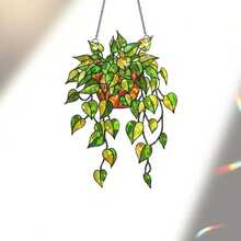 1pc Green Plant Window Catcher, Colorful Glass Window Hanging Decor, Handmade Faux Plant Colorful Glass Panel Catcher, Suitable For Plant Lovers, Unique Home Indoor/Outdoor Decoration - Green Leaves - View 9