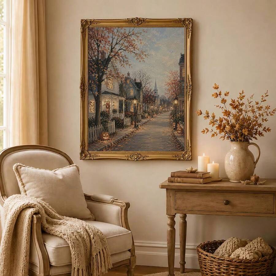 1pc Vintage Halloween Canvas Wall Art Autumn Village Oil Painting Print Pumpkin Street Streetlight Cottage Cozy Fall Aesthetic Wall Decor Canvas Poster Living Room Unframed/ Framed/Wooden Hanging - Pattern - View 1