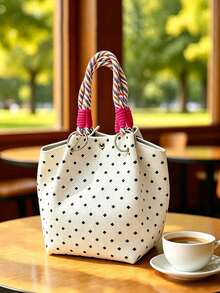 Tas Bucket Kasual Serbaguna Artistik Motif Polkadot Blok Warna Klasik, Tas Tangan Multifungsi untuk Perjalanan Sehari-hari, Cocok untuk Belanja Niche dan Kencan - Putih - View 8